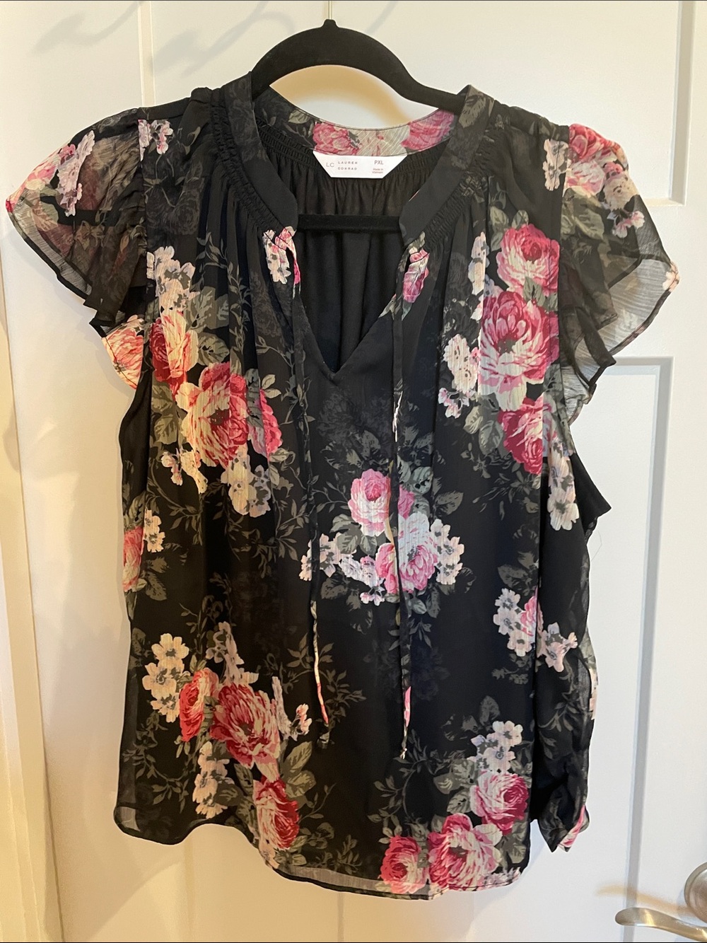 LC Lauren Conrad Black Floral Tie-Front Sheer Blouse